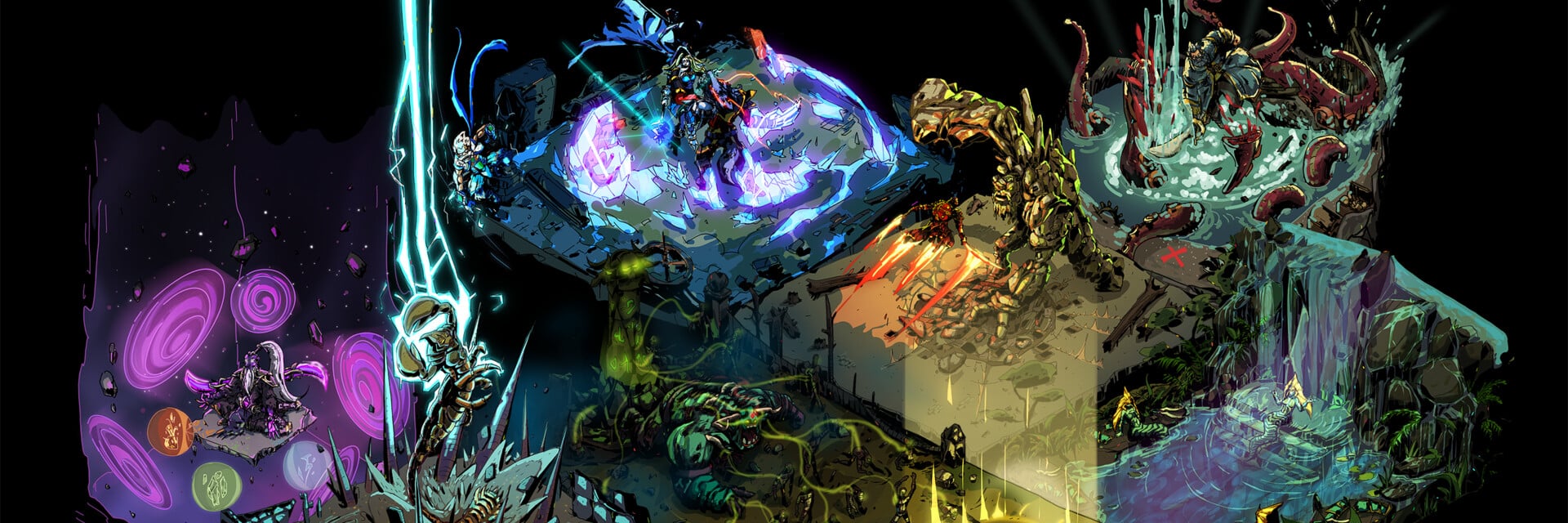 Isometric Dota 2 battle dioramas lit by lightning and fire, by James Rommel Lobaton