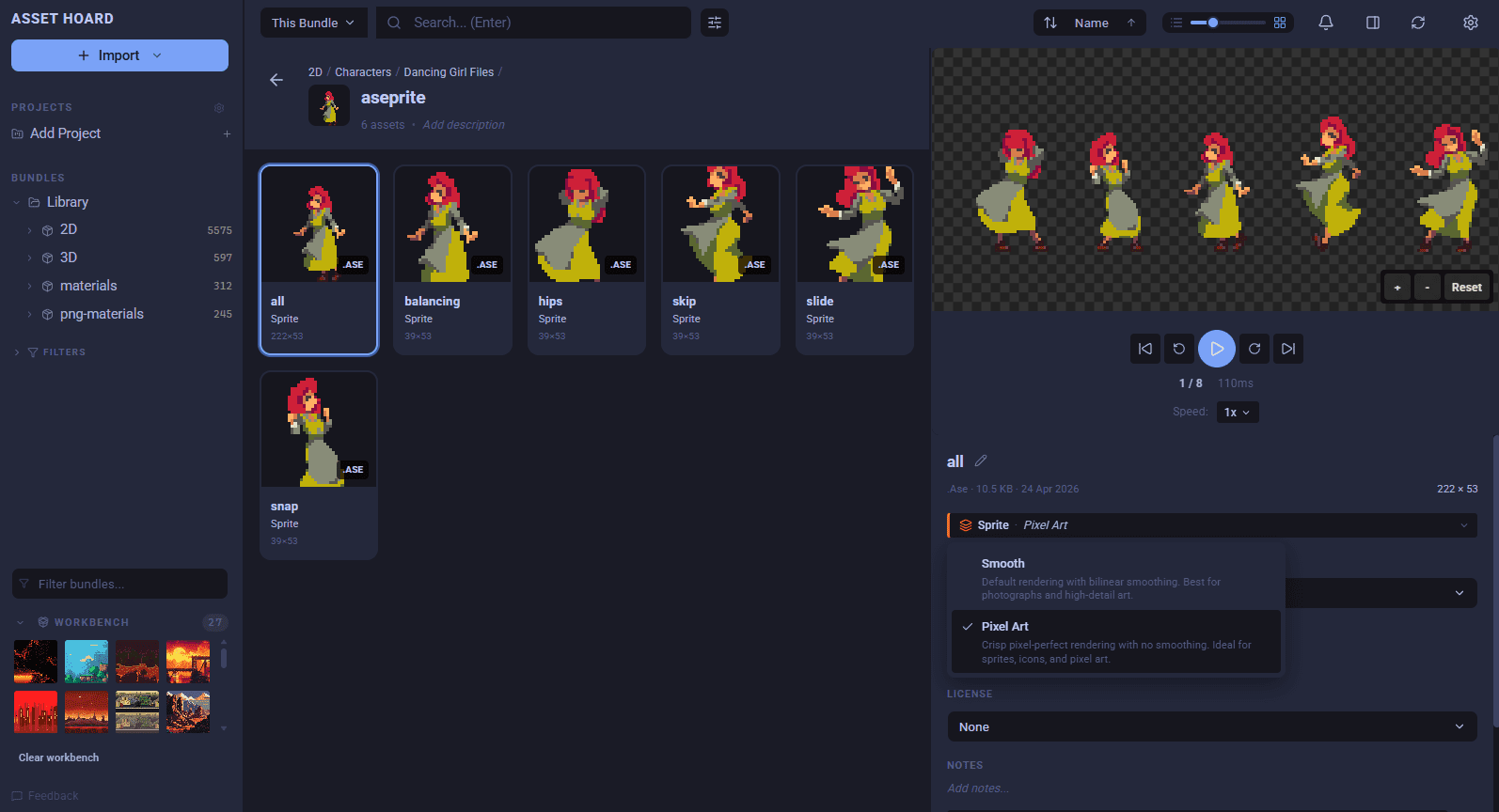 AssetHoard pixel art renderer showing crisp nearest-neighbour scaling