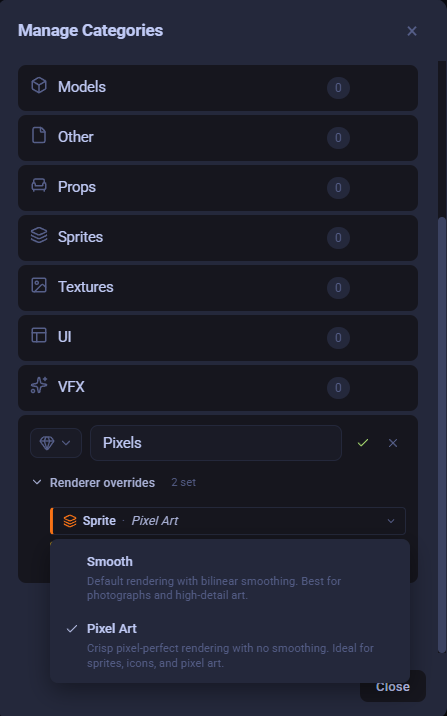 Renderer overrides section in Manage Categories