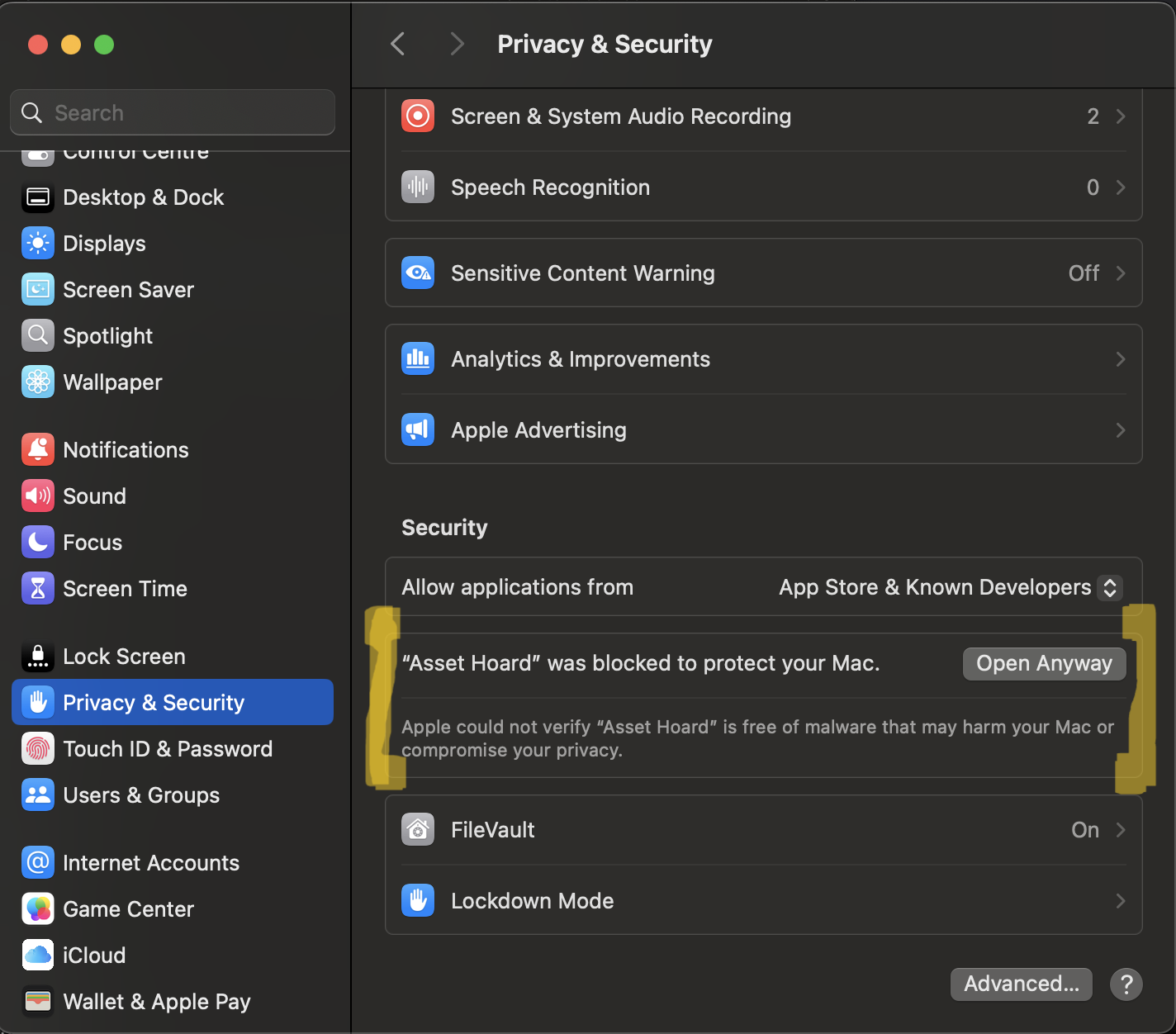 System Settings Privacy & Security showing Open Anyway button