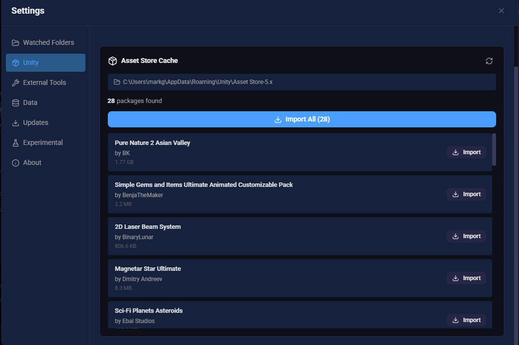 Unity Settings in AssetHoard
