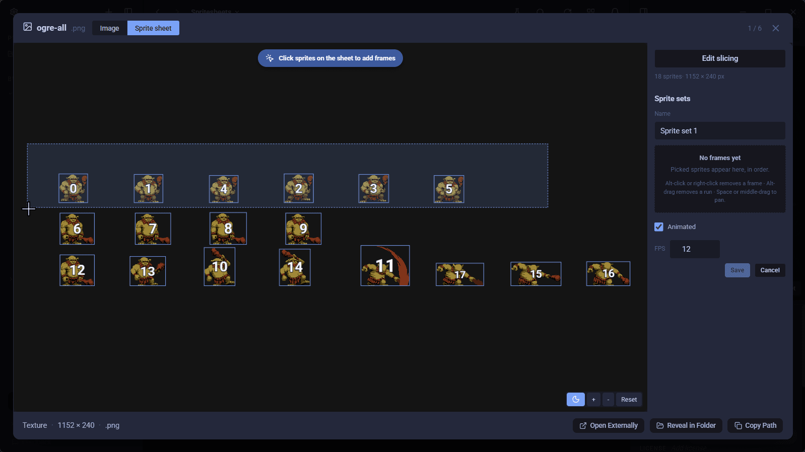 Building a named sprite set in AssetHoard by clicking sliced frames on the sheet in playback order