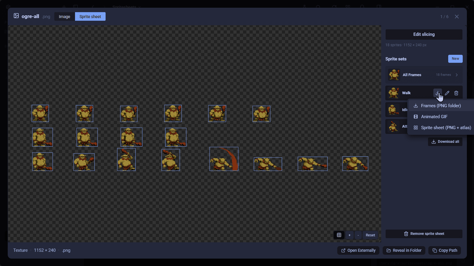 Exporting sliced sprite sets from the AssetHoard spritesheet slicer as a GIF, a packed spritesheet with atlas, or per-frame PNGs