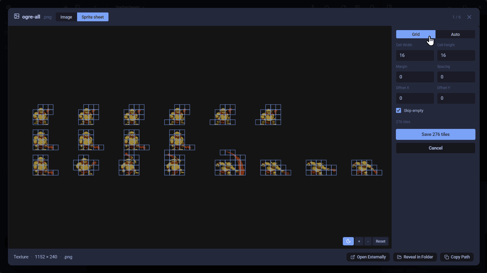AssetHoard grid-slicing a spritesheet into 16 by 16 pixel cells, with cell size, margin, spacing and offset controls