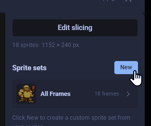 The Sprite sets panel in AssetHoard showing the All Frames set and a New button