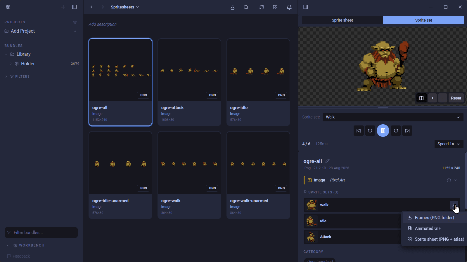 Exporting a sprite set from AssetHoard, choosing frames as a PNG folder, an animated GIF, or a spritesheet PNG with atlas