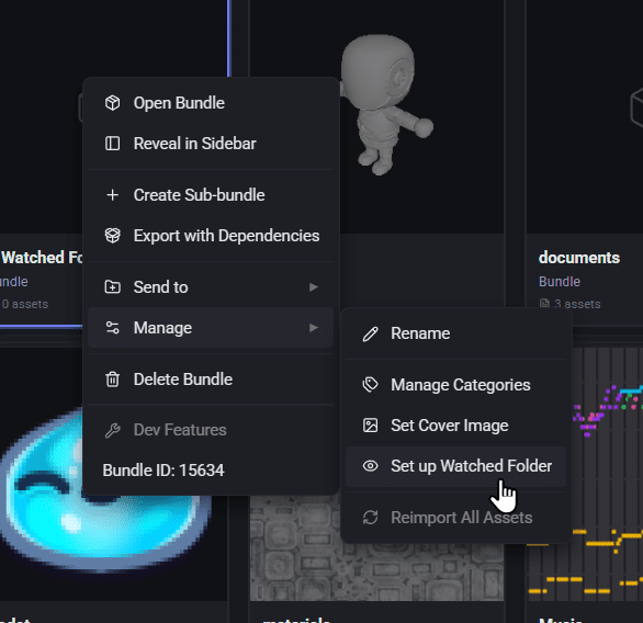 A bundle's right-click menu in AssetHoard, with Manage open and Set up Watched Folder highlighted
