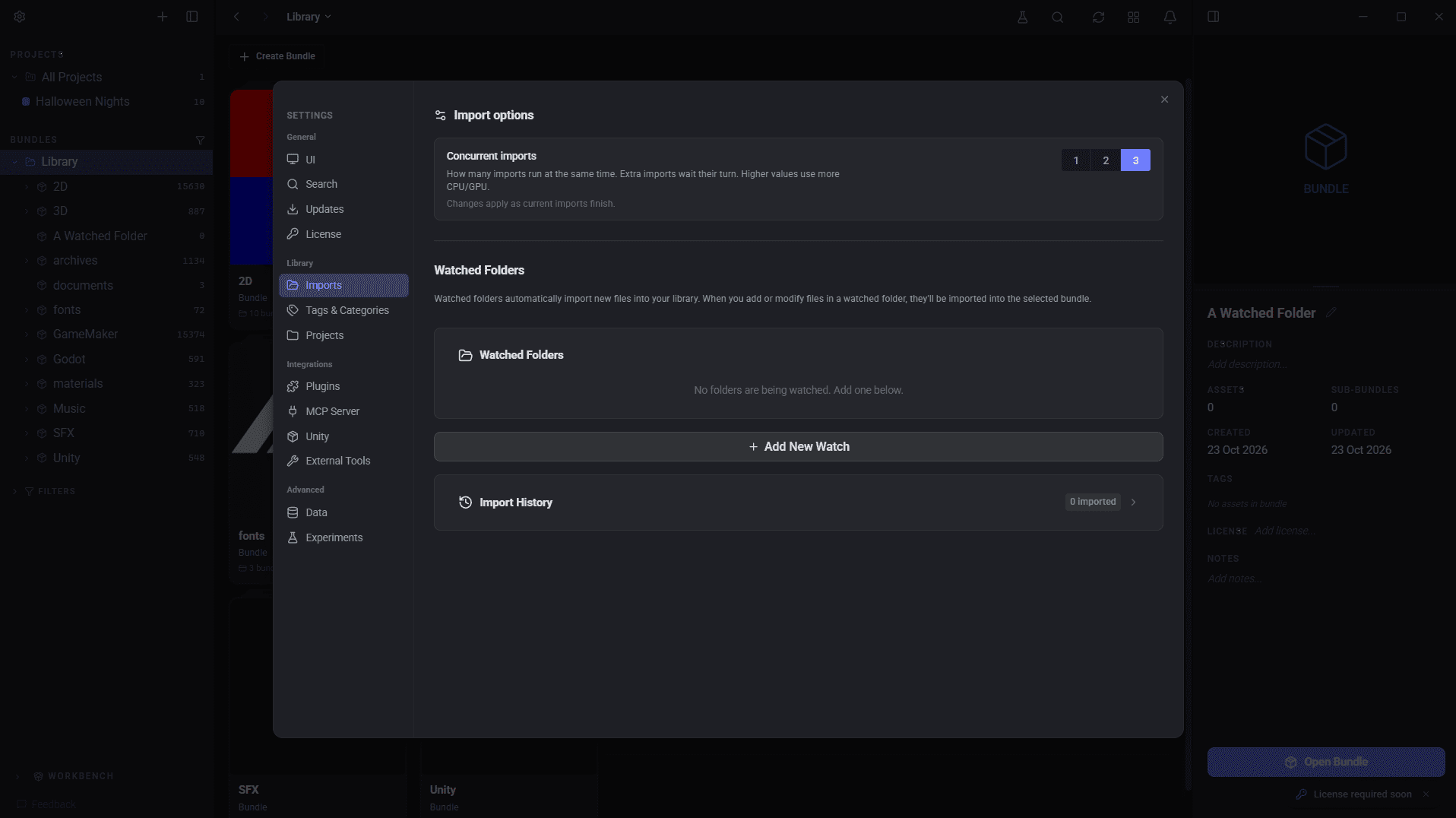 The Imports page in AssetHoard settings, showing the Watched Folders list, the Add New Watch button and Import History