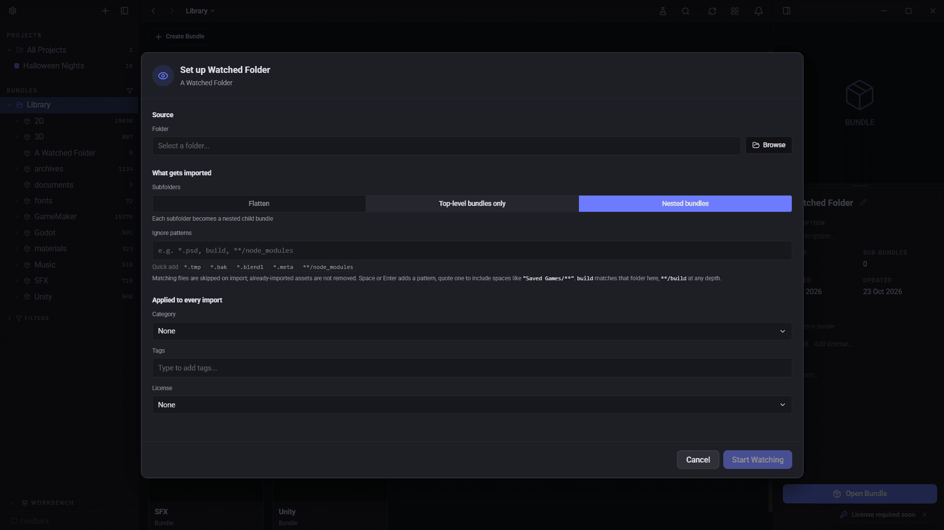 The Set up Watched Folder window, with a folder picker, Subfolders options set to Nested bundles, ignore patterns with Quick add suggestions, and category, tags and licence fields