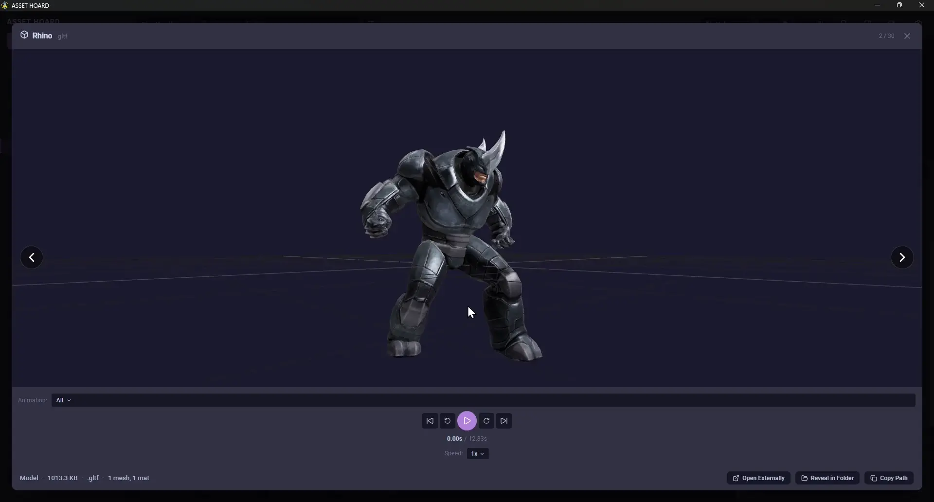 Interactive 3D model viewer in AssetHoard with rotation and zoom controls