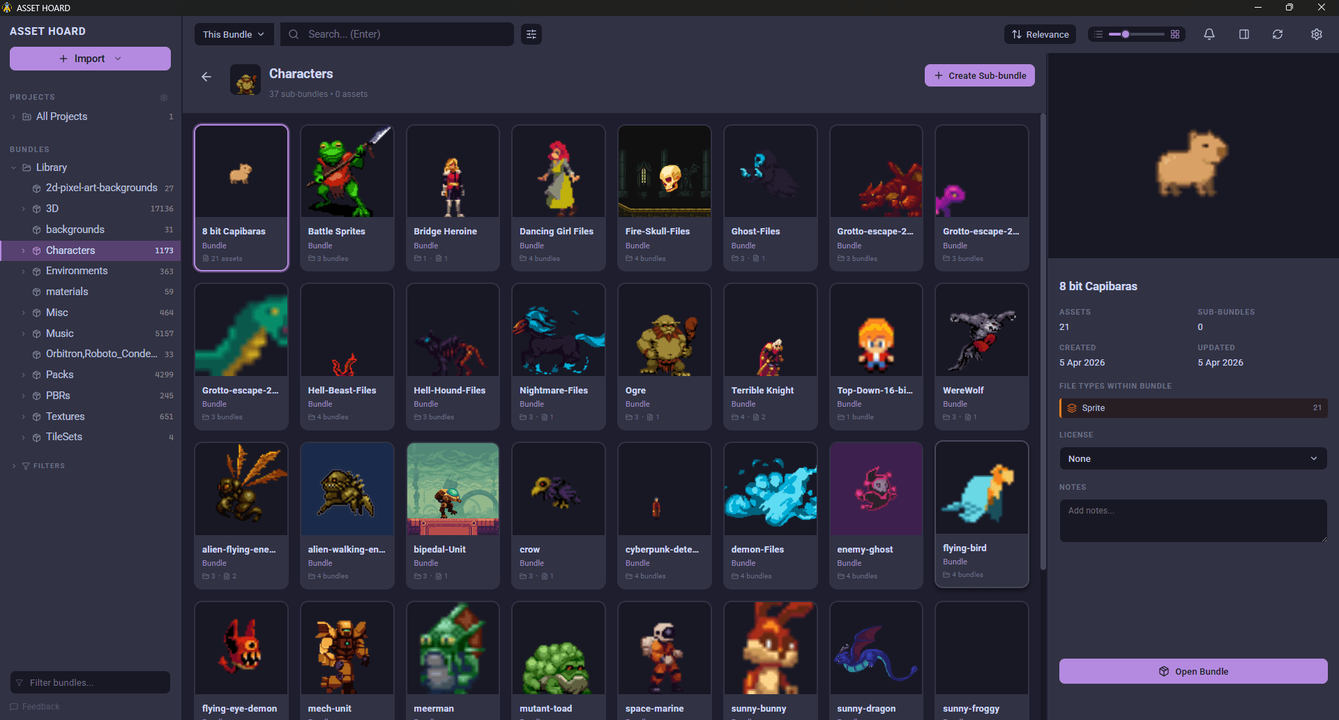 AssetHoard game asset manager displaying a library of 2D sprites and textures