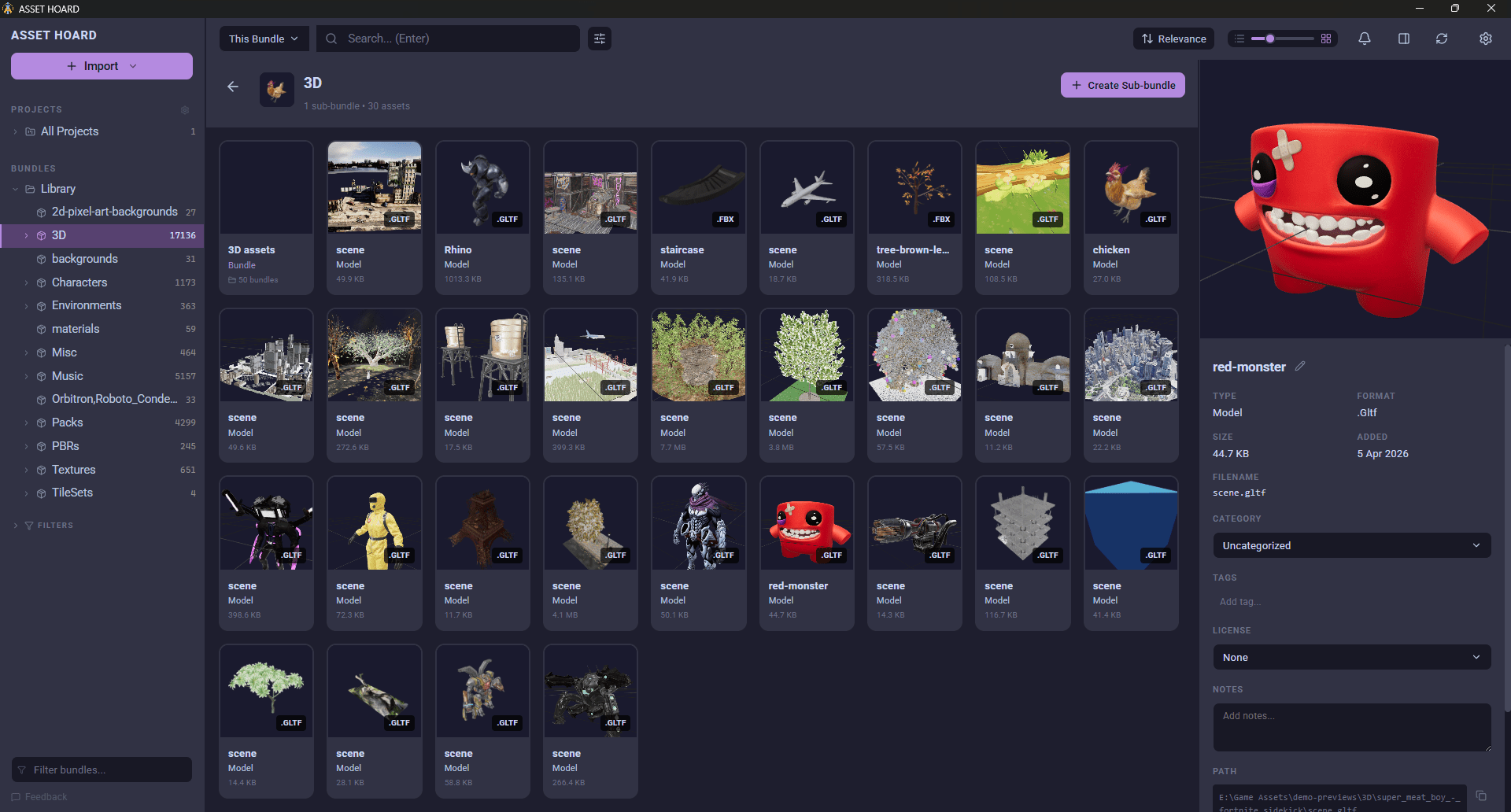 AssetHoard 3D model viewer showing FBX and glTF assets