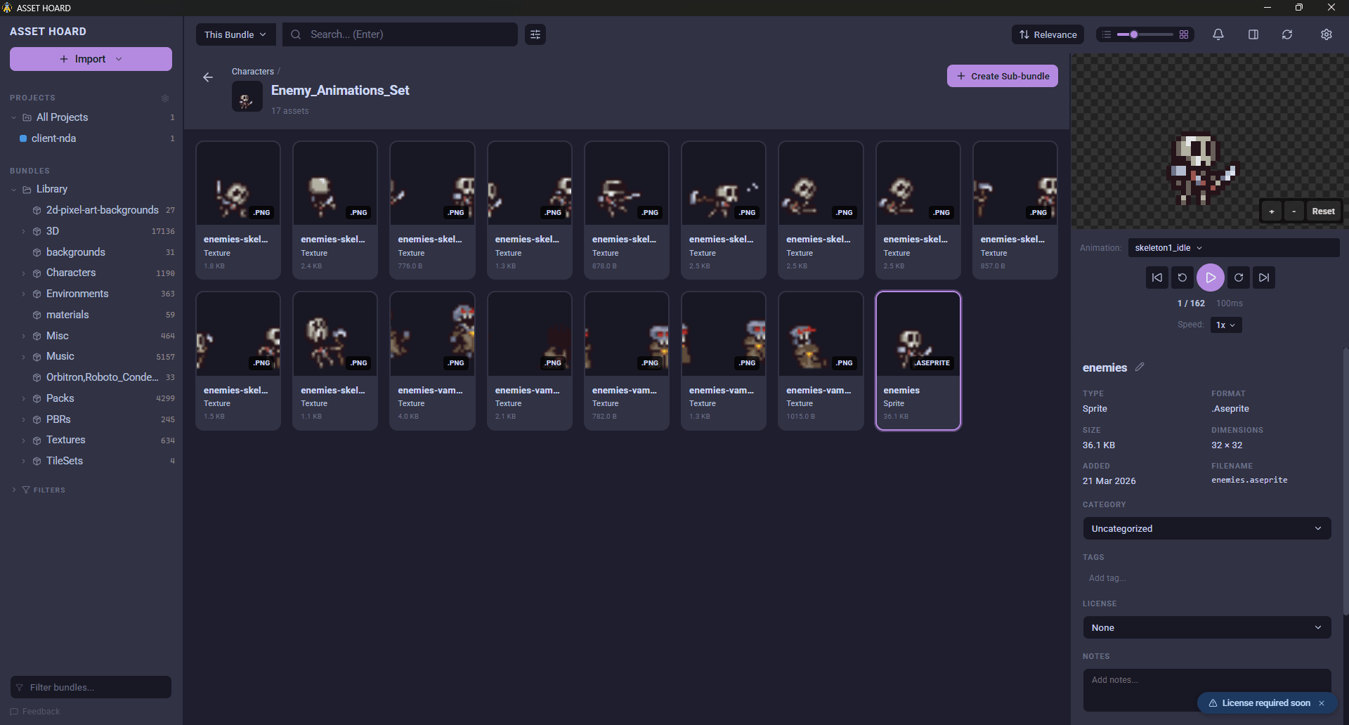 AssetHoard loading Aseprite sprite sheets with animation playback