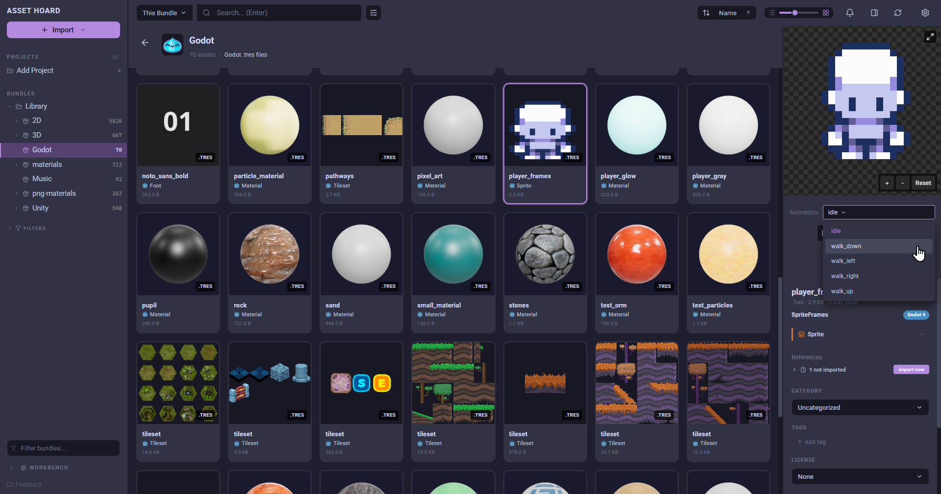 AssetHoard previewing Godot .tres resource files in the asset library