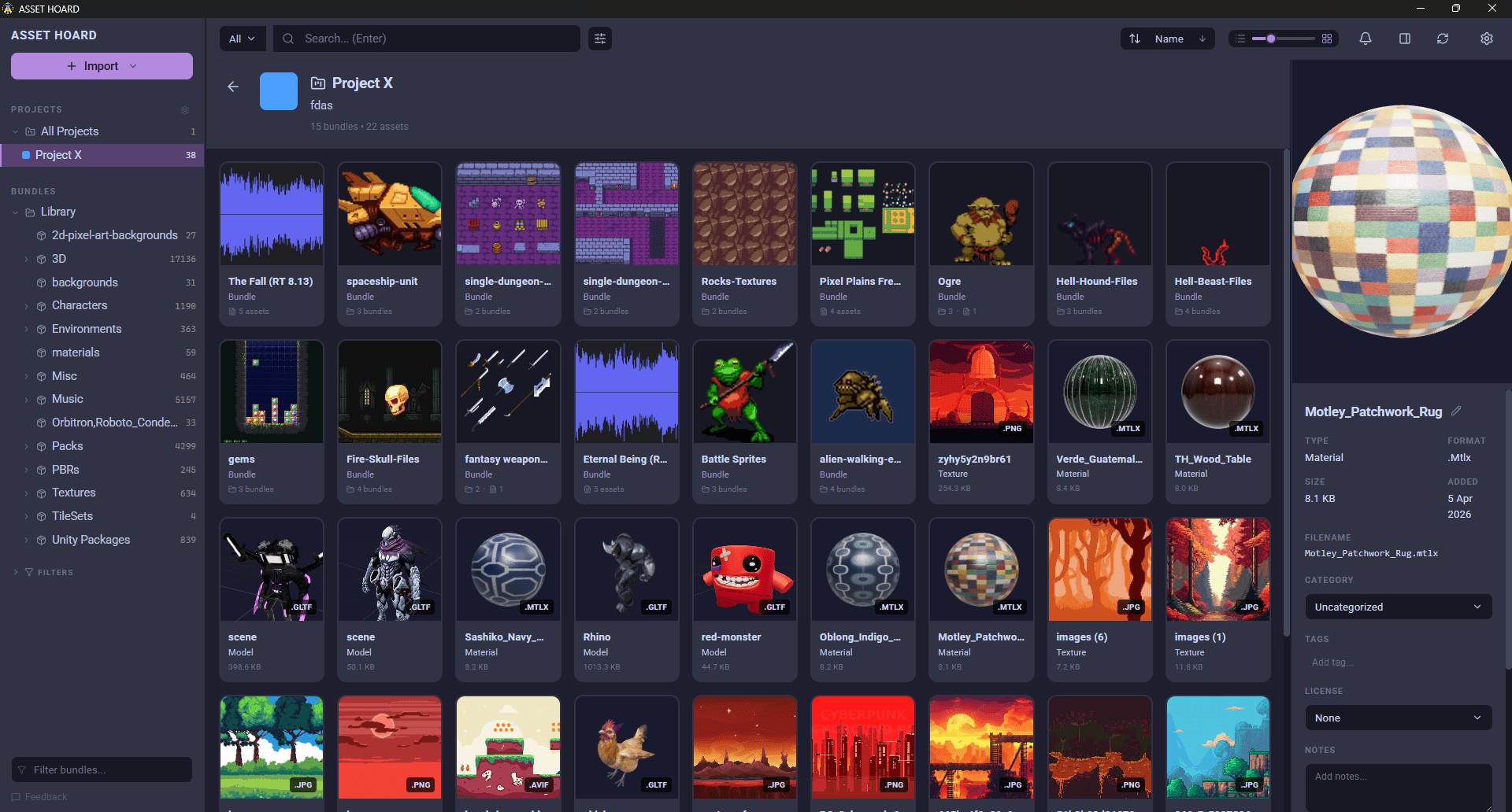 AssetHoard game asset manager showing a searchable library of game files