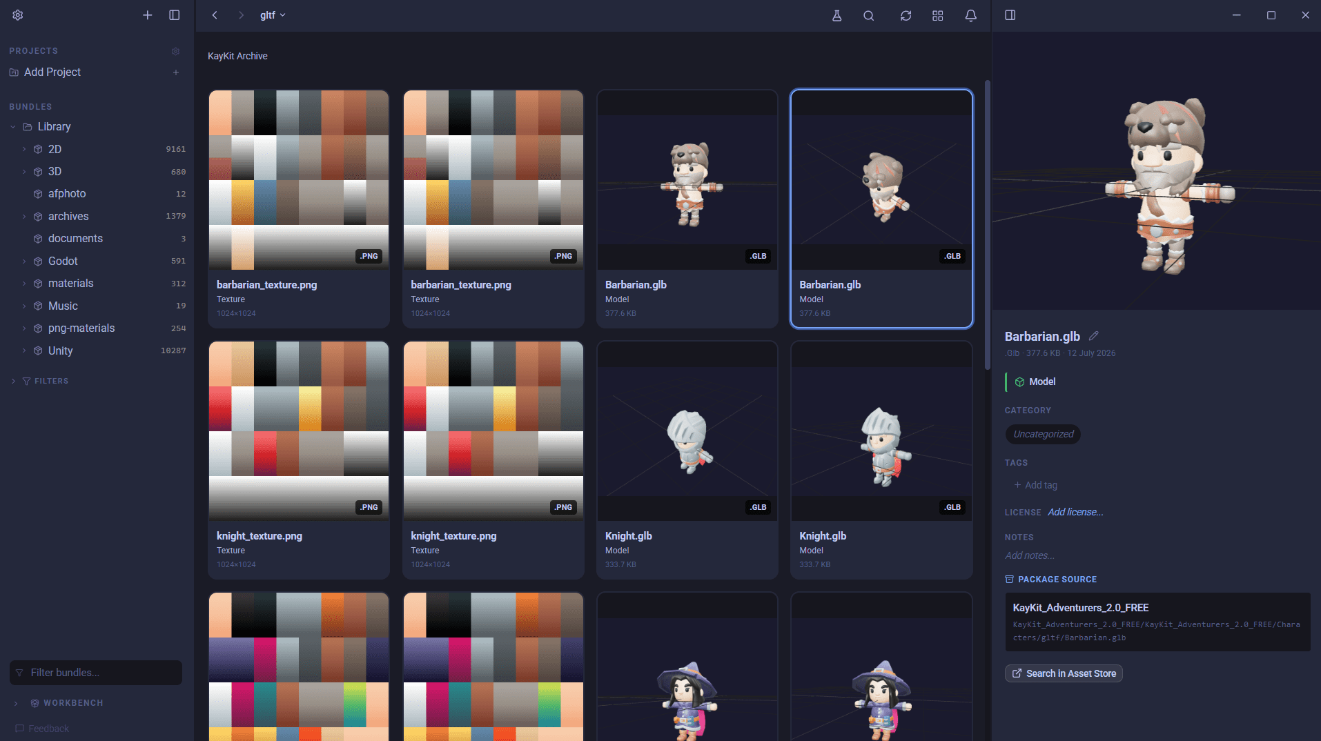 A live preview of an asset loaded directly from inside an archive in Asset Hoard