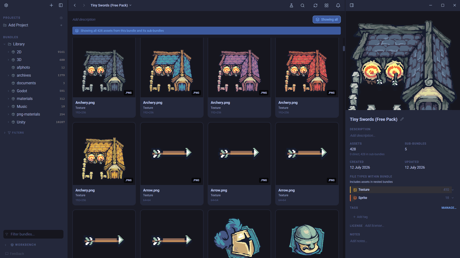 Asset Hoard showing the nested folders and files inside a zip archive