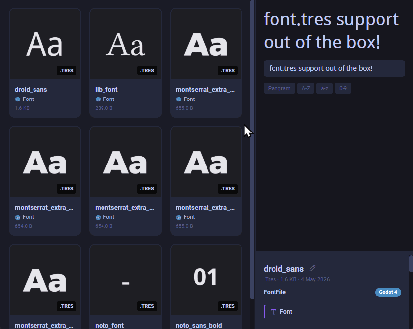 Asset Hoard previewing Godot fonts with live custom text