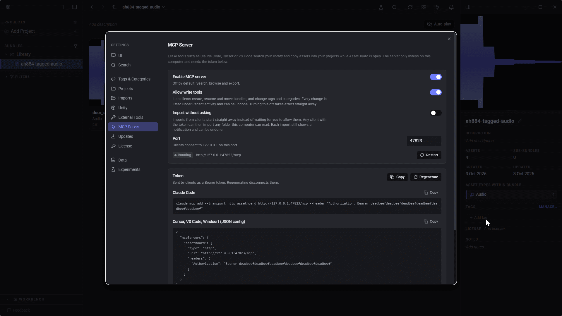 AssetHoard Settings, MCP Server page: Enable MCP server and Allow write tools switched on, port 47823, status Running at http://127.0.0.1:47823/mcp, and copy buttons for the token and client snippets