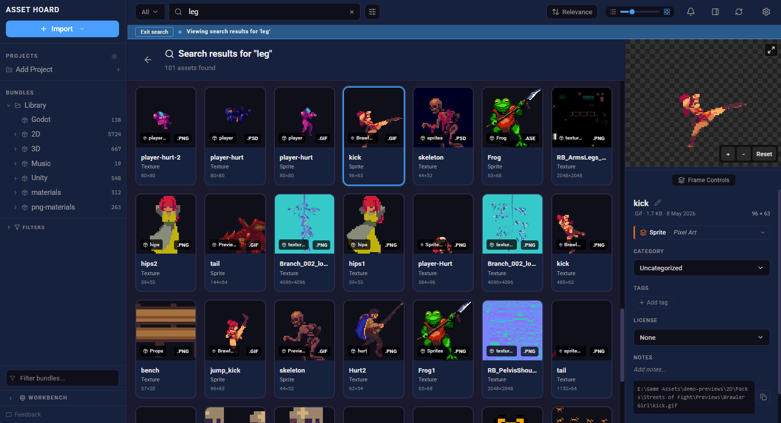 AssetHoard semantic search results for "kick", matching kick drum samples and related audio assets