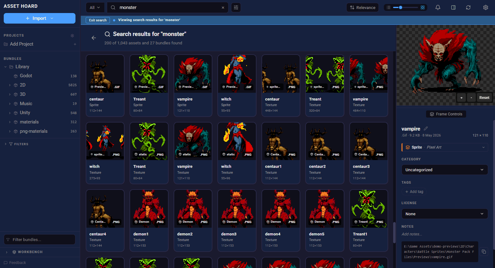 AssetHoard semantic search results for the query "monster", showing matching 3D models and textures found by meaning rather than filename