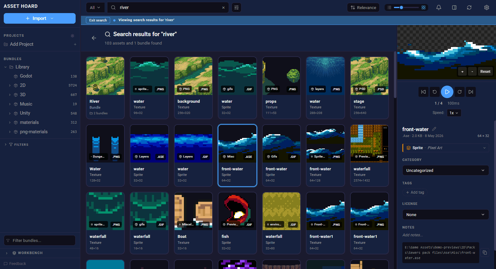 AssetHoard semantic search results for "river", surfacing water textures and environment assets that visually match