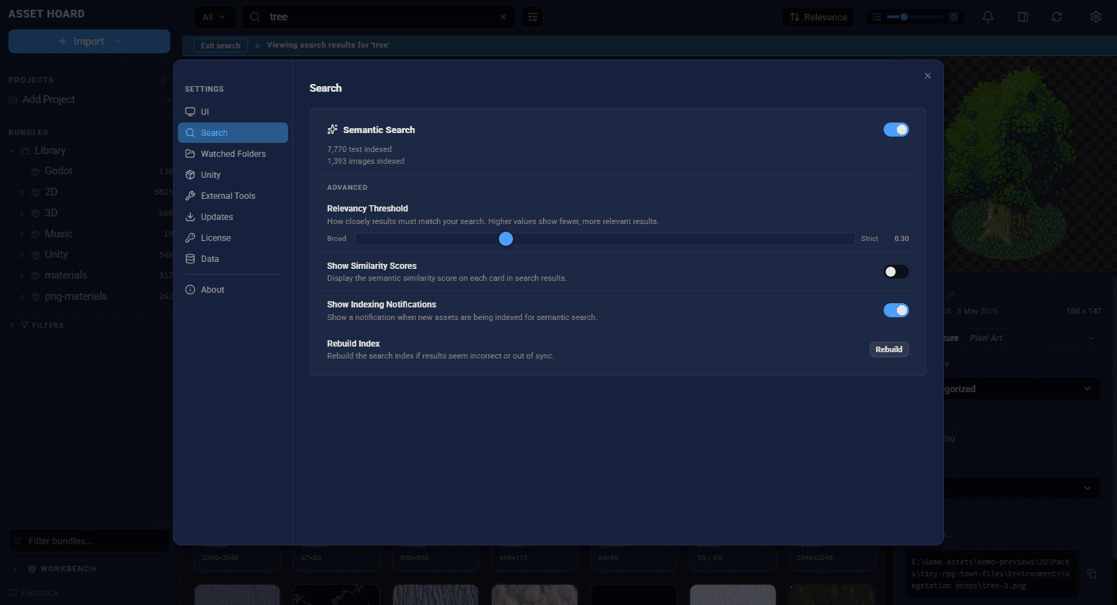 AssetHoard Experiments settings panel showing the semantic search toggle, similarity threshold, and notification options