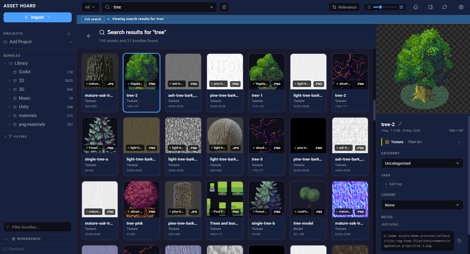 AssetHoard semantic search results for "tree", with visual matches across foliage textures and 3D tree models