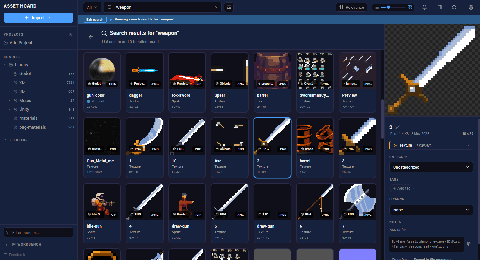 AssetHoard semantic search results for "weapon", showing 3D weapon models and sprites matched by appearance and metadata