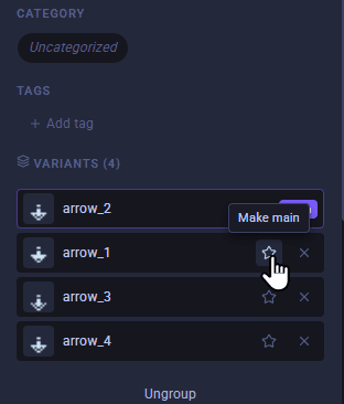 The Variants list in an Asset Hoard details panel, with a star to choose which variant the grid shows