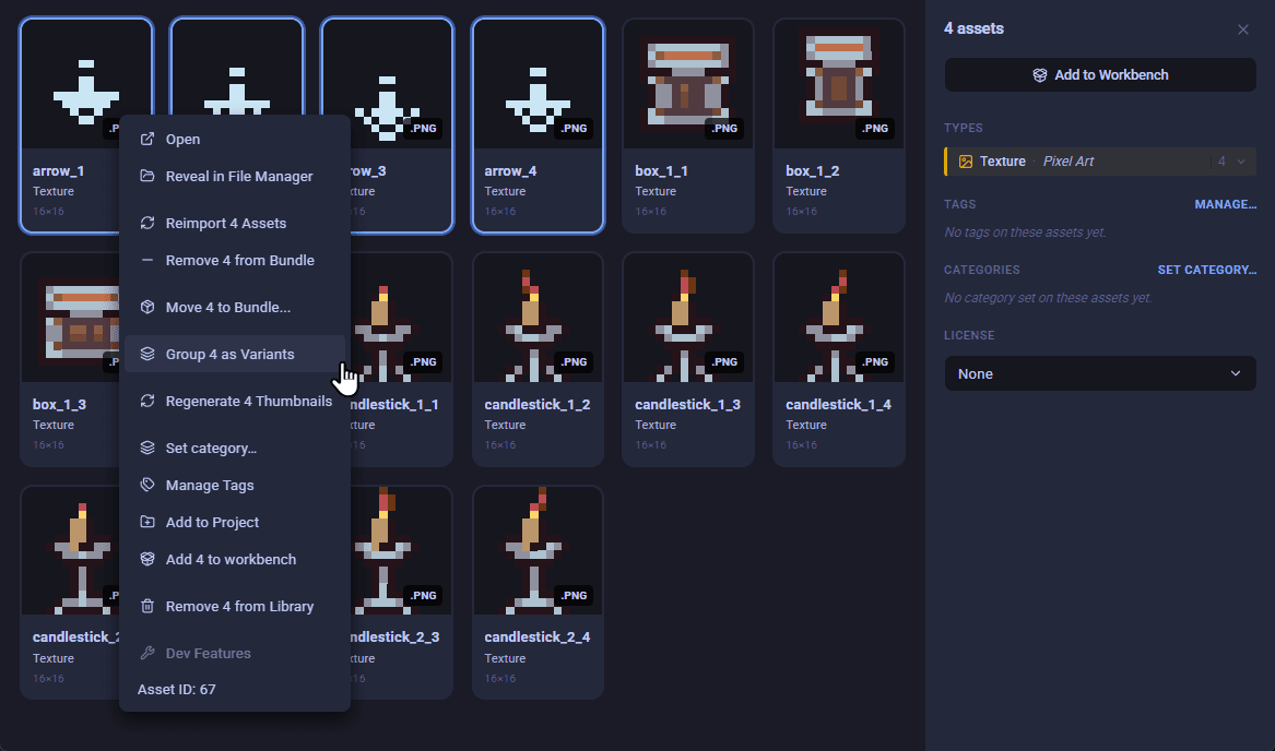 Asset Hoard right-click context menu with the Group as Variants option highlighted