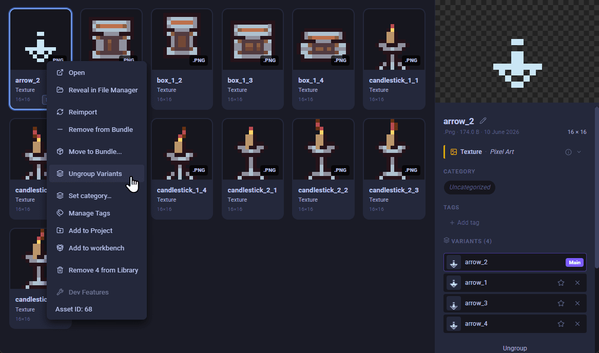 Asset Hoard right-click context menu showing the Ungroup Variants option