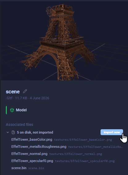 See what your 3D models and materials depend on A 3D model's associated files grouped into three lists: in your library, on disk but not imported, and missing