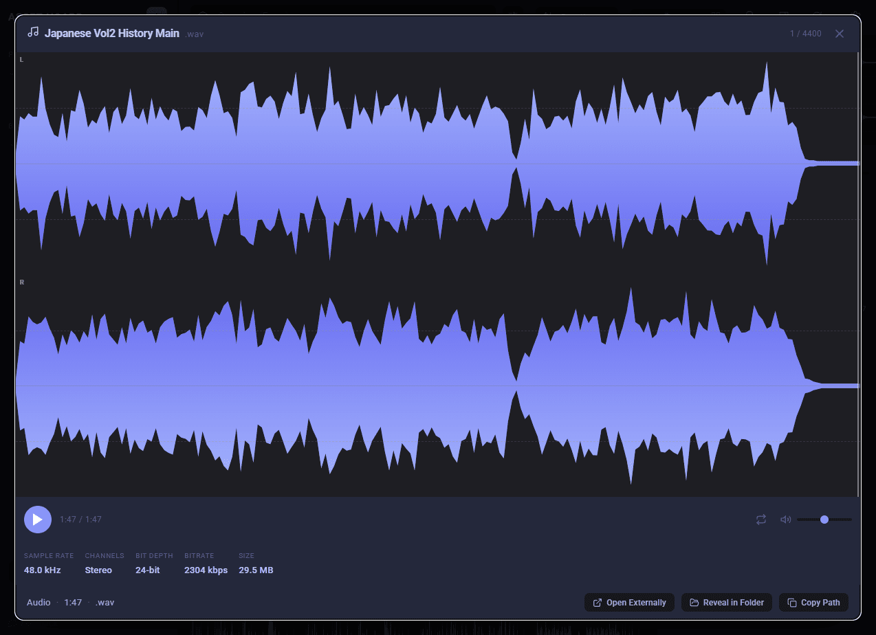 Separate left and right channel waveforms Audio preview showing separate left and right channel waveforms