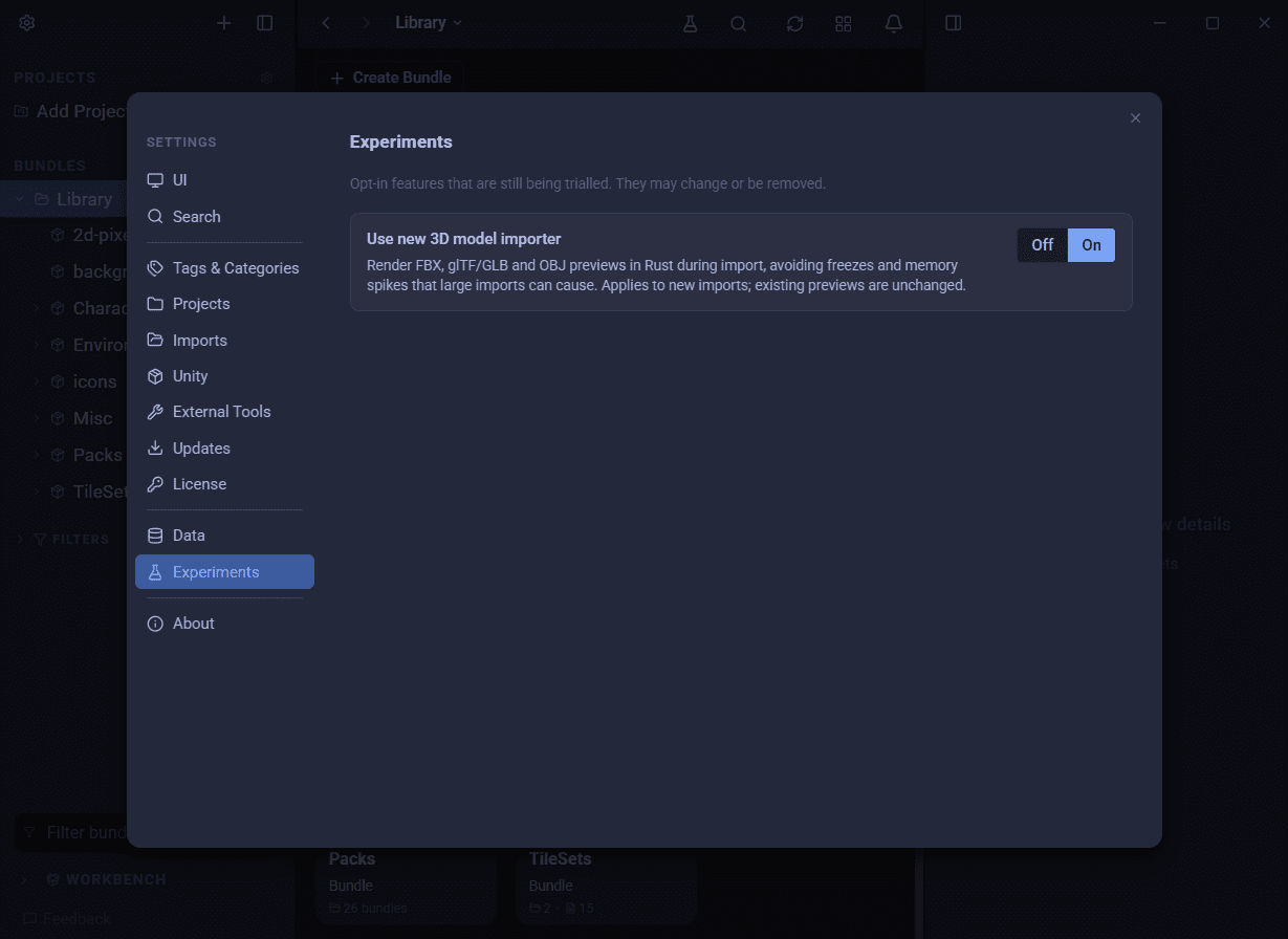 Enabling the 3D importer experiment in AssetHoard settings The 3D importer toggle under Settings and Experiments in AssetHoard