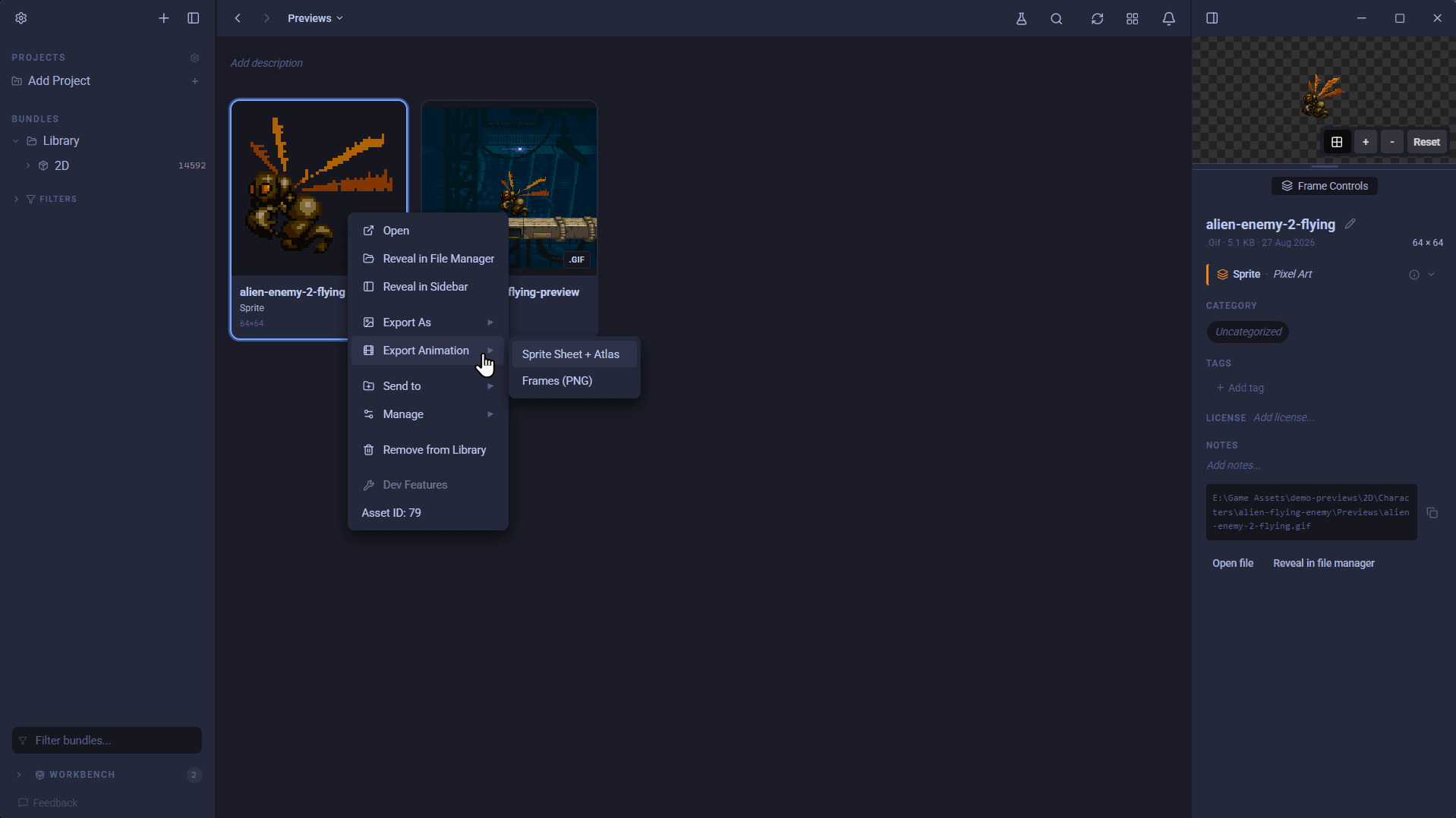Export an animation straight from the right-click menu Export Animation in the right-click menu, offering Sprite Sheet + Atlas or Frames (PNG)